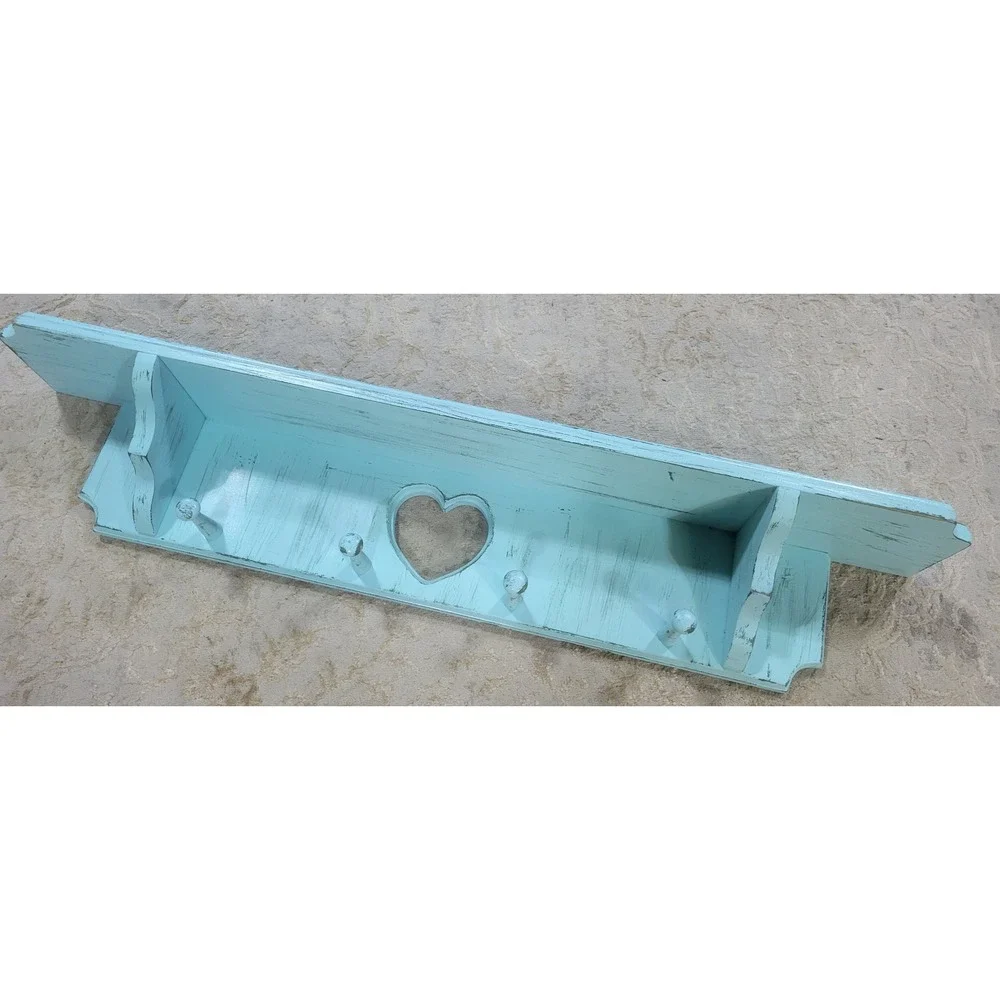 Light Blue Distressed Wood Wall Shelf Heart Cutout 4 Peg Hooks Farmhouse 36in